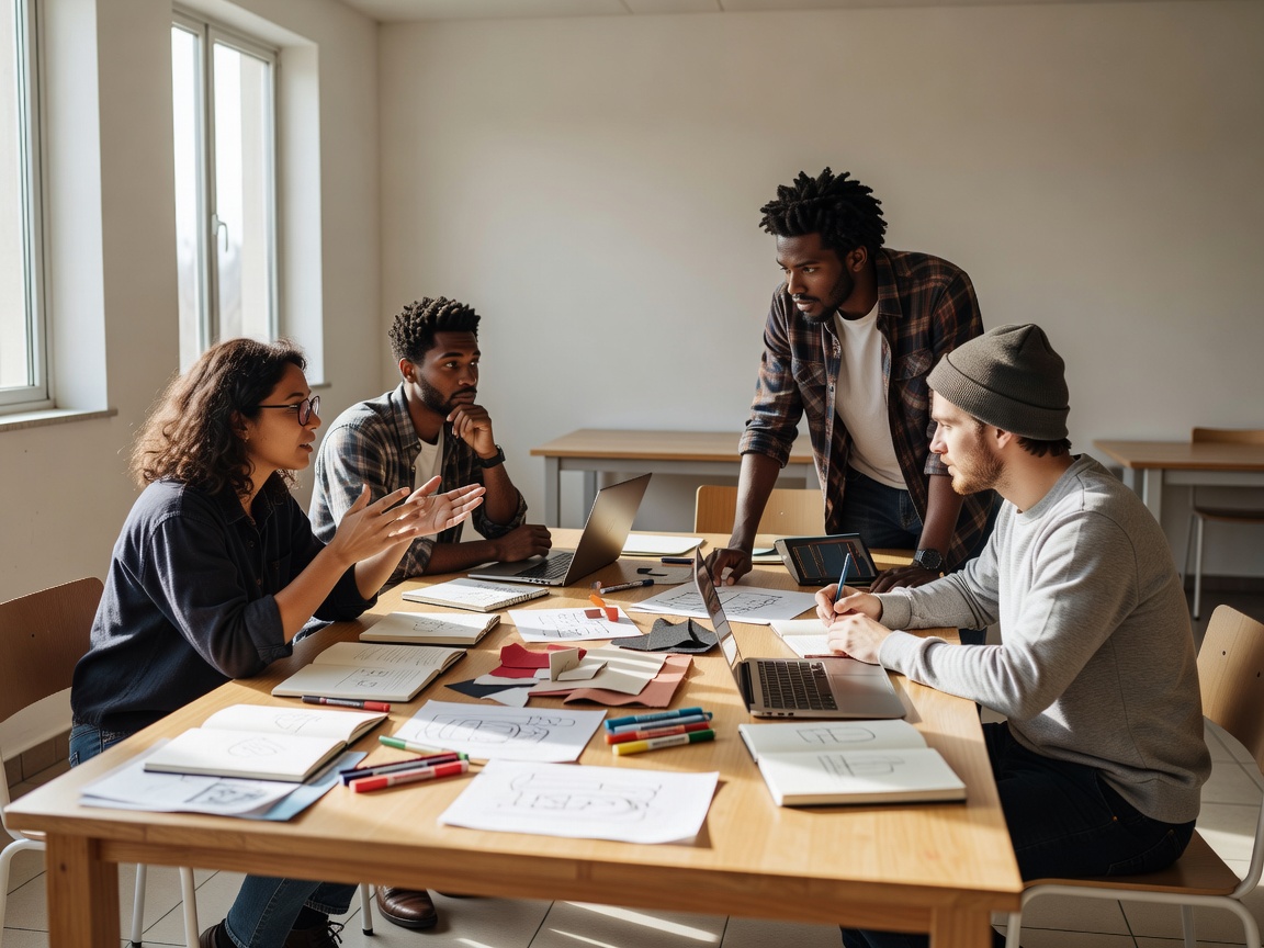 A small creative group talking around a table in an ordinary bright meeting space